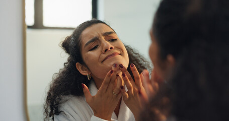 Woman, mirror and pimple for skincare in bathroom for acne, zit breakout and spread bacteria....