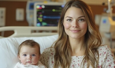 woman looking at the camera from a hospital bed with a baby, symbolizing maternity, care, and new beginnings, Generative AI