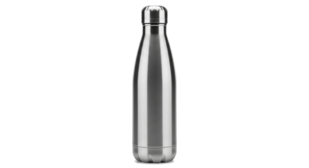 Metallic Water Bottle: A sleek and modern stainless steel water bottle, isolated, with its simple design reflecting a commitment to sustainability and hydration.