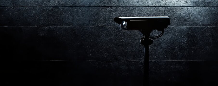 High contrast image of a surveillance camera on a dark background, symbolizing security and monitoring, Generative AI