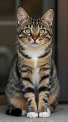 Striped mixed-breed cat sitting