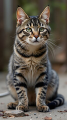 Striped mixed-breed cat sitting