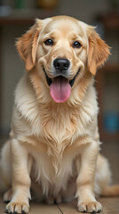 Sitting golden retriever cream looking at camera
