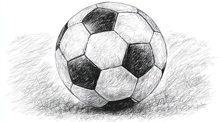 Detailed pencil sketch of a classic black and white soccer ball resting on a subtly textured surface, rendered with shading and linework to create a realistic three-dimensional effect