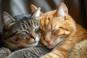 Close-up shot of two cats cuddling together, showcasing their peaceful sleep with eyes closed, focusing on the textures of their fur and the intimacy of their bond