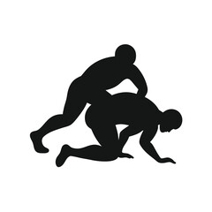 Dynamic black silhouette of a wrestler executing a pinning move on an opponent