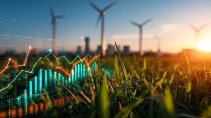Green field with wind turbines and city skyline at sunset, symbolizing renewable energy and sustainable finance, driving economic growth, environmental investment, and a clean energy future.