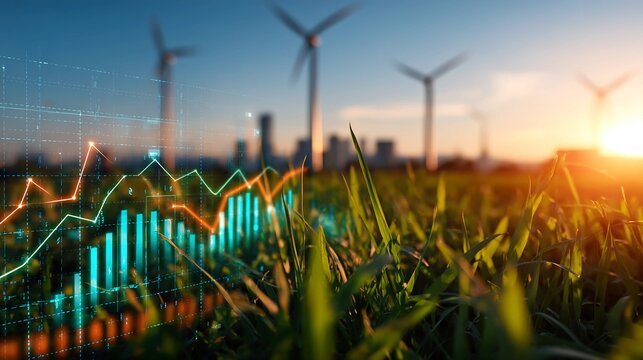 Green field with wind turbines and city skyline at sunset, symbolizing renewable energy and sustainable finance, driving economic growth, environmental investment, and a clean energy future.