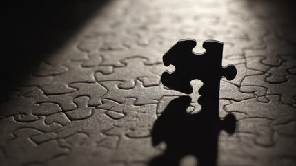 Single puzzle piece nearing completion, dramatic shadows highlighting connection.