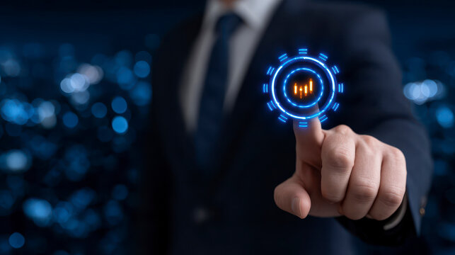 Businessman Interacting with AI Powered Digital Interface for 2026 Innovation and Technology. A futuristic entrepreneur utilizes intelligent software for groundbreaking technological