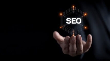 Businessman holding virtual SEO icon for search engine optimization increasing website traffic. Optimizing online presence via digital marketing strategy for improved web visibility