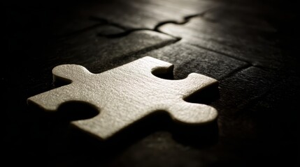 Single puzzle piece nearing completion, dramatic shadows highlighting connection.