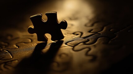 Single puzzle piece nearing completion, dramatic shadows highlighting connection.