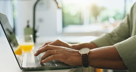 Freelancer, hands and typing on laptop for editing, story draft and creative process or proposal in...