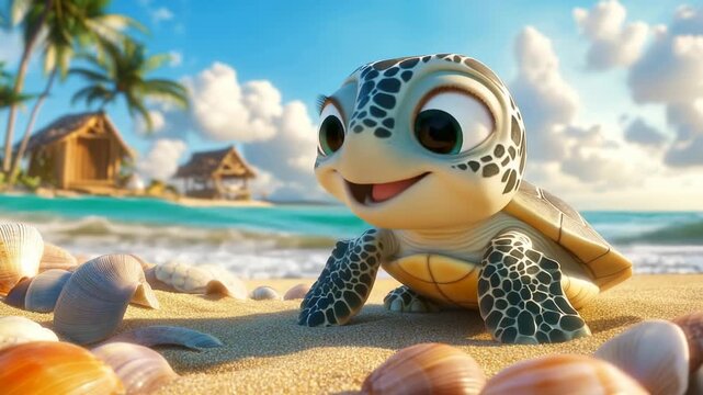 Cute baby turtle on sandy beach with sea and shells in sunshine