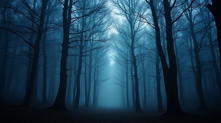 Obraz premium Dense dark forest with tall bare trees and blue fog image
