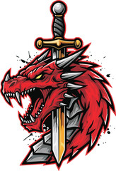 A fierce red dragon head pierced by a shining golden sword, with a menacing expression.