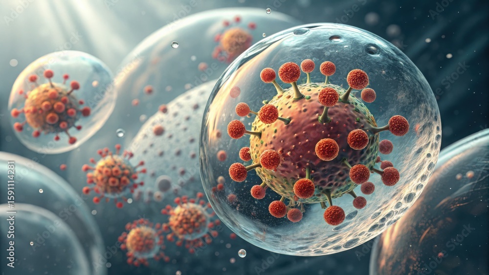 Poster detailed view of clear particles floating in a dynamic structure