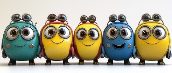 Fototapeta premium Five cheerful, rounded robotic characters in teal, red, yellow, and blue, stand in a row against a white background