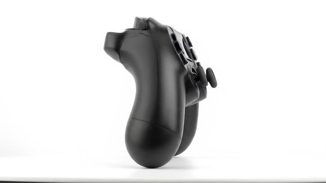 Close-up of a black, ergonomic gaming controller. Features include directional pad, analog sticks, and action buttons. A sleek and modern design - Powered by Adobe