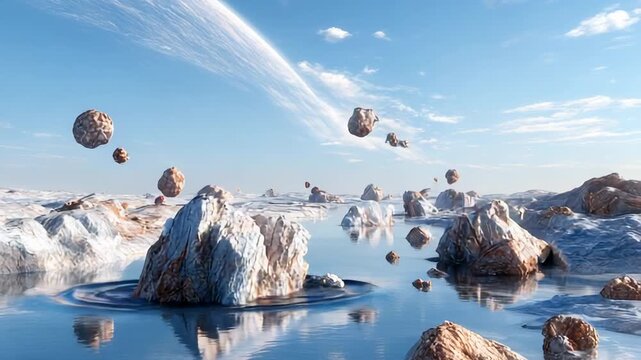 A surreal landscape of floating rocks reflected in a calm water