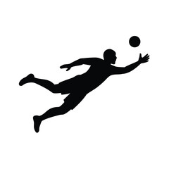 Dynamic goalkeeper diving horizontally to block a soccer ball with extended arm