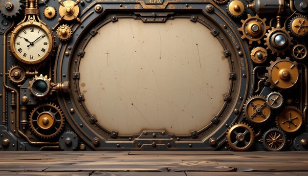 an intricate steampunk style machine with gears and pendulums in various hues of gold, brass, and copper. this elaborate contraption is placed on a wooden table against a dark backdrop