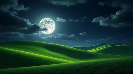 Obraz premium Rolling green hills under a bright full moon and dark clouds night