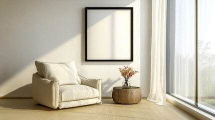Fototapeta premium A minimalist living room scene with a comfortable armchair and a framed print.