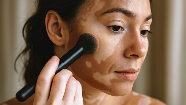 Young woman applying makeup on her face, highlighting her unique beauty and embracing her vitiligo, showcasing a confident and positive approach to skincare and self-acceptance