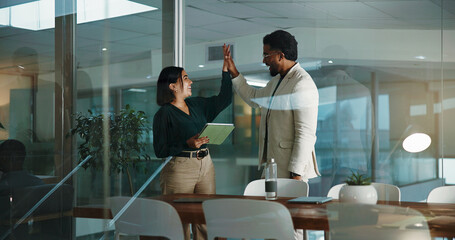 Business, people and high five with tablet at night for accounting, financial success and good...