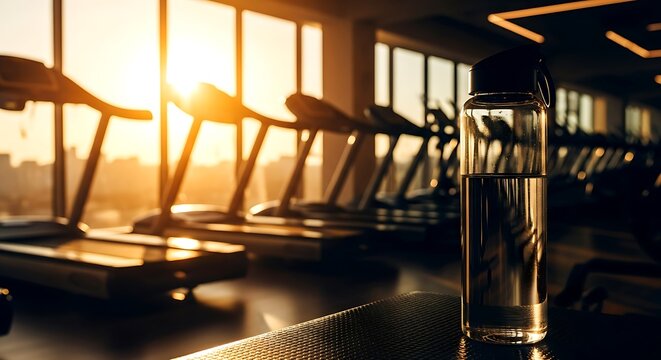 Clear glass water bottle with black lid on textured surface in gym with treadmills at sunrise liquid - Powered by Adobe