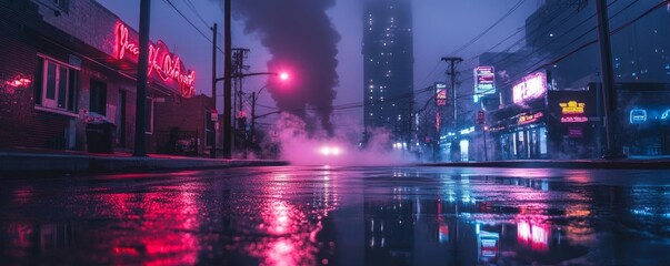 Obraz premium Wet asphalt reflecting neon lights and a searchlight in a dark street, with smoke and smog creating a dramatic night view of the city. Neon red and blue lights add intensity, Generative AI