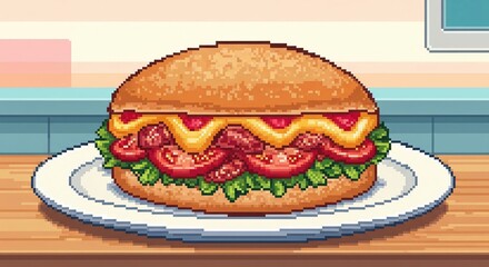 Pixel Art Burger on White Plate Kitchen Setting