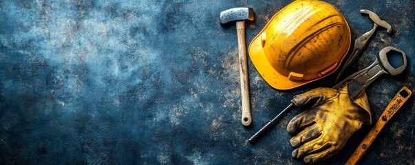 Hardhat, hammer, wrench, gloves, and other worn tools on a dark background with copy space, representing home improvement, DIY projects, and Father's Day or Labor Day, Generative AI