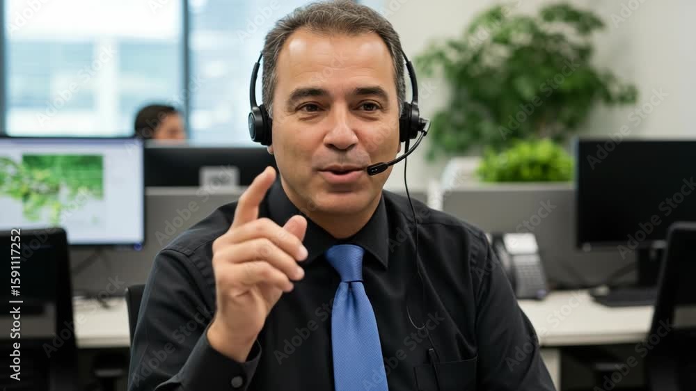 Poster a smiling customer service representative wearing a headset talks to a client in an office setting