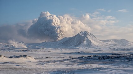 Snowy mountain erupting ash cloud under blue sky volcano eruption