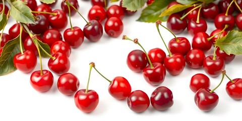 Vibrant acerola cherries scattered on white background,  fruit,   powerful