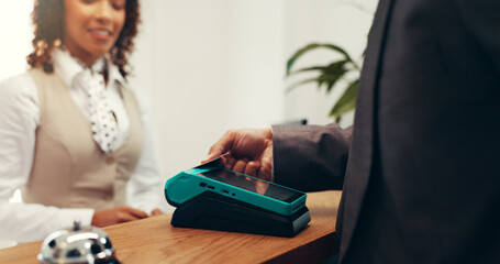 Hands, credit card and payment with machine at hotel, concierge and booking with hospitality...