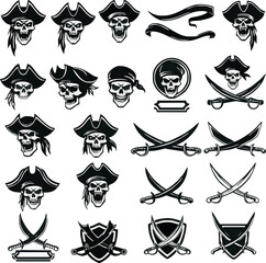 Collection of pirate themed skull graphics with hats, bandanas, swords and decorative elements.