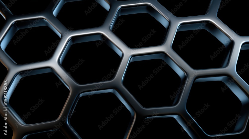 Poster a nanomaterial surface features a close-up image of a glossy black honeycomb pattern with reflective