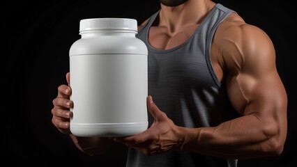 Muscular athlete holds a large white supplement tub mockup for branding. A strong man in a tank top advertises fitness nutrition products against a black background, with copy