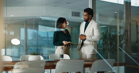 Teamwork, night or business people with tablet for advice, investment research or budget....