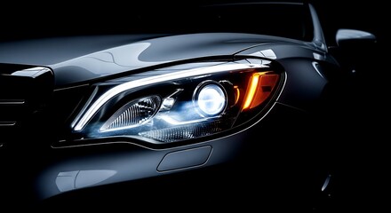 Fototapeta premium Close up of a modern car headlight with bright white and orange lights on black background automotive