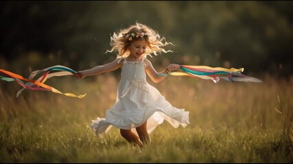 Joyful Girl Dancing with Colorful Ribbons in a Sunny Meadow - Powered by Adobe