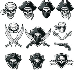 A collection of pirate skull logos, featuring bandanas, swords, and shields.
