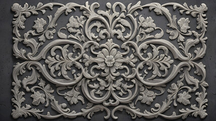 Large Intricate White Floral Swirl Carved Ornament on Grey Background - Wider View