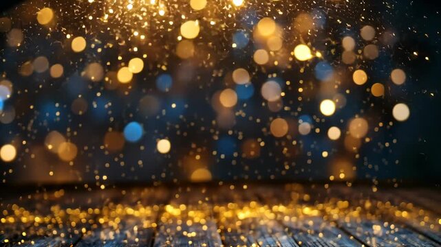 Sparkling golden particles cascade over a rustic wooden surface in a dimly lit background