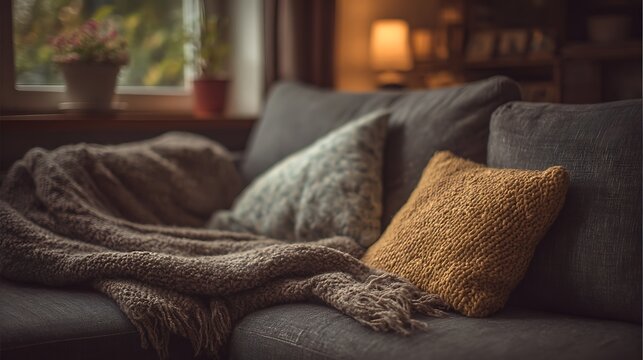 Stylish neutral-toned sofa corner with visible pillow impressions and draped blanket, clean composition ideal for editorial design or calming home lifestyle themes