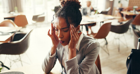 Tired, headache and business woman in airport lounge for overbooked flight, jet lag and fatigue....
